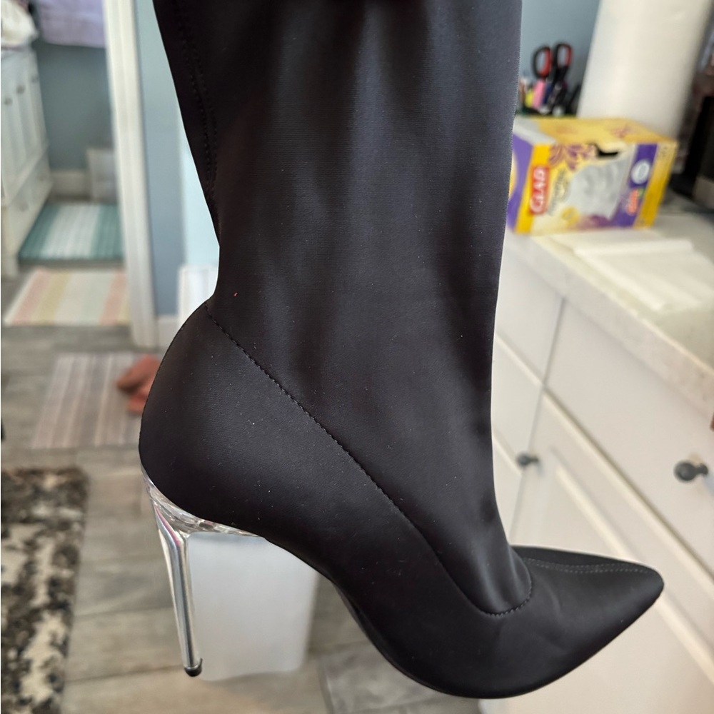 Forever 21, black satin short boots with silver heel.